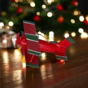 Vintage Wooden Airplane Ornament Red Green Folk Art Christmas Decor